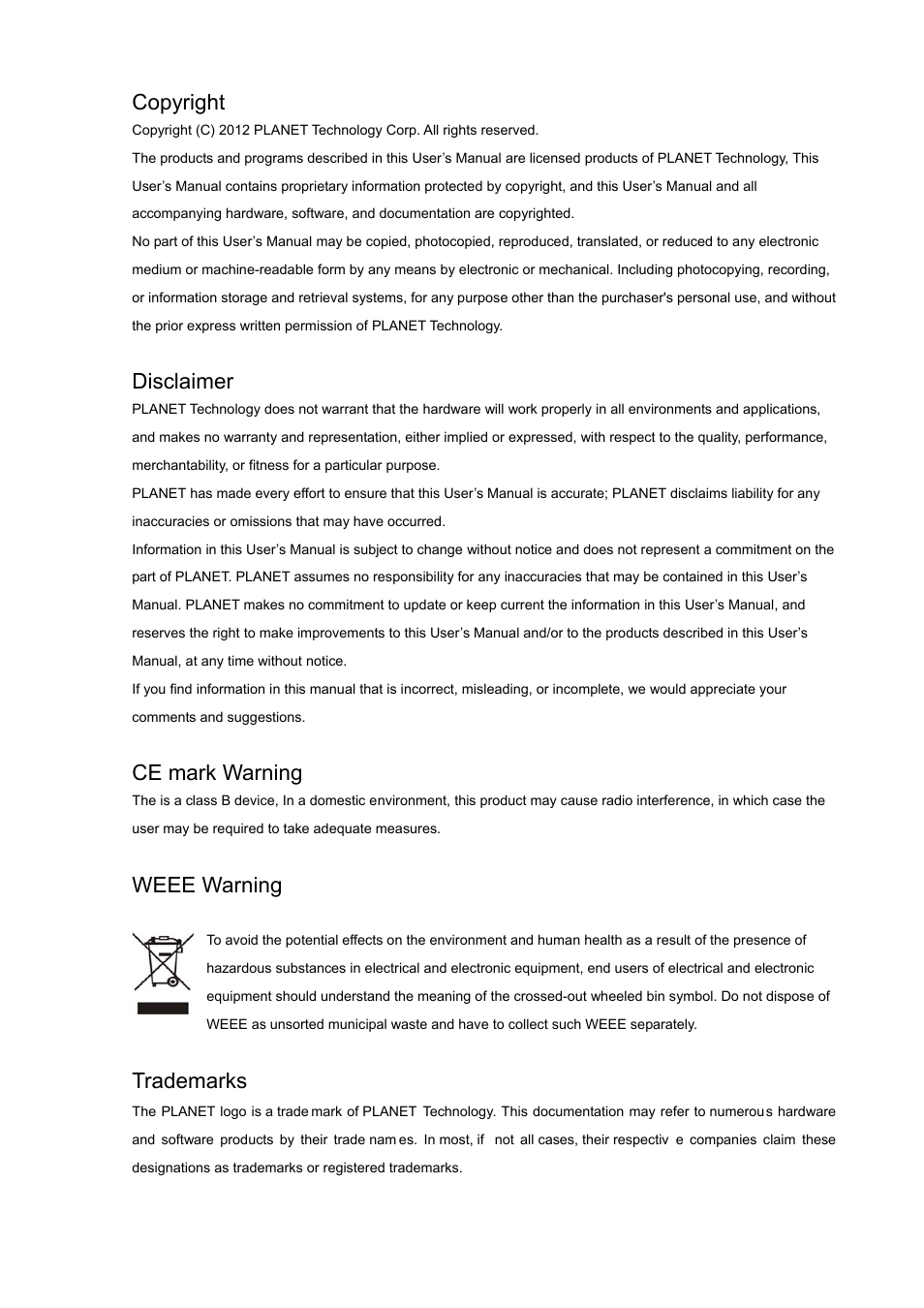 Copyright, Disclaimer, Ce mark warning | Weee warning, Trademarks | PLANET VIP-156PE User Manual | Page 2 / 68