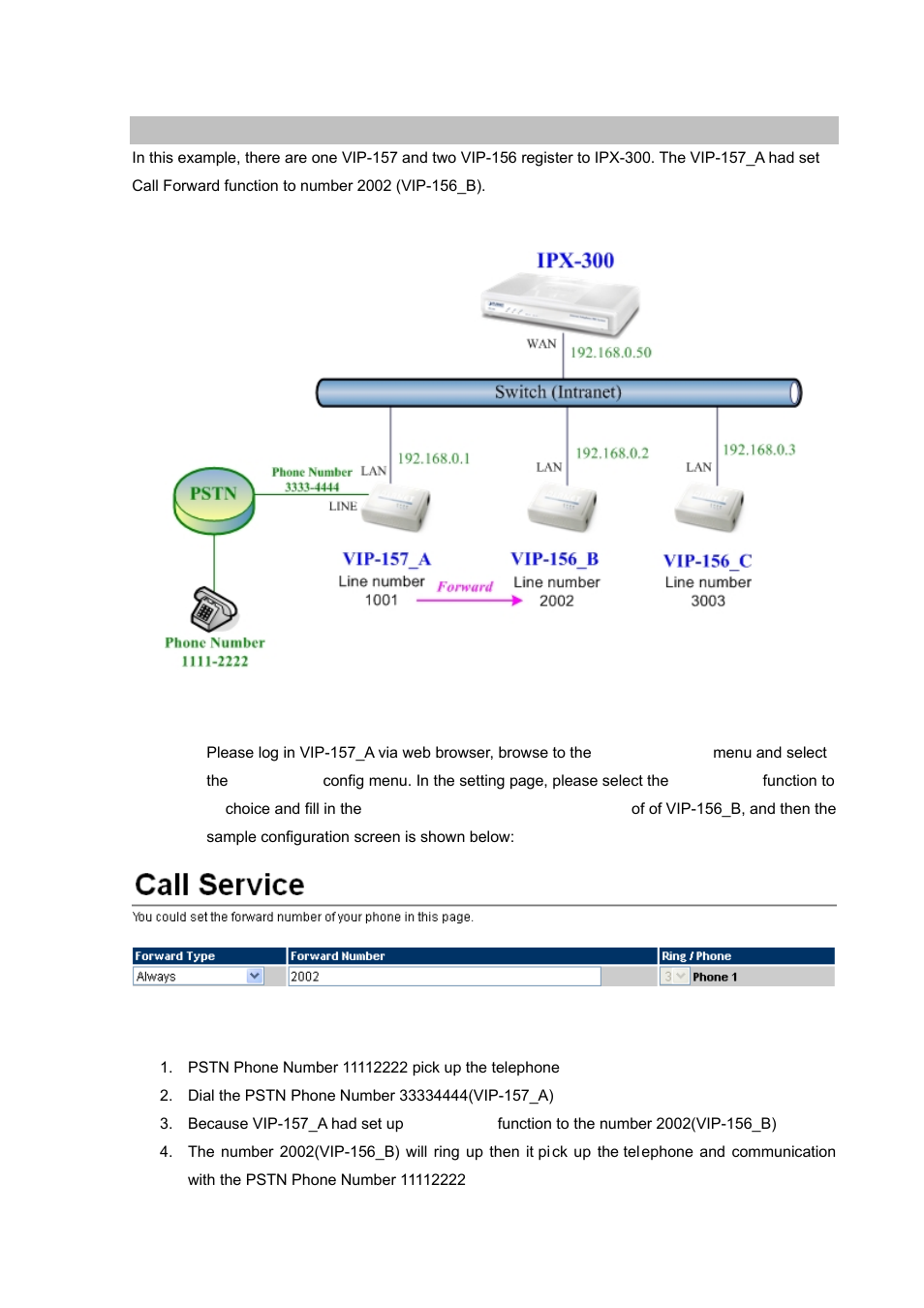 Case 5: call forward feature_example 3 | PLANET VIP-156PE User Manual | Page 57 / 68