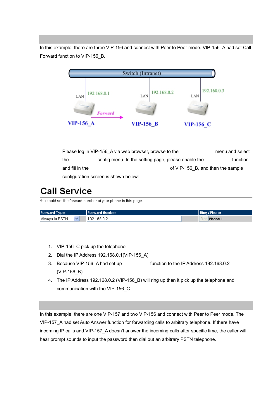 Case 6: call forward feature_example 4, Case 7: auto answer feature_ip to pstn | PLANET VIP-156PE User Manual | Page 58 / 68