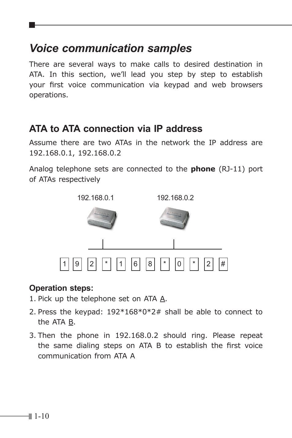 Voice communication samples, Ata to ata connection via ip address | PLANET VIP-156 User Manual | Page 12 / 68