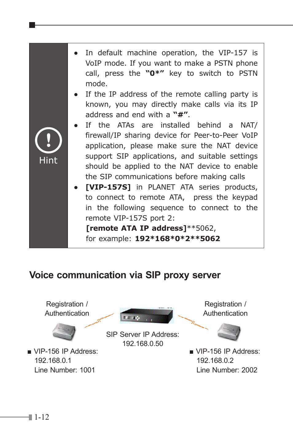 Voice communication via sip proxy server, Hint | PLANET VIP-156 User Manual | Page 14 / 68