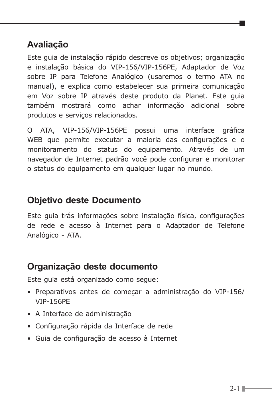 Avaliação, Objetivo deste documento, Organização deste documento | PLANET VIP-156 User Manual | Page 19 / 68