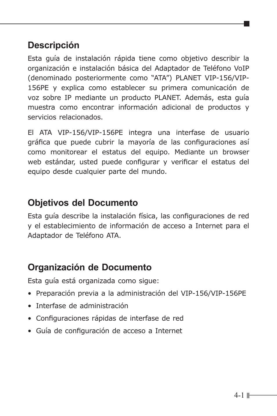 Descripción, Objetivos del documento, Organización de documento | PLANET VIP-156 User Manual | Page 45 / 68