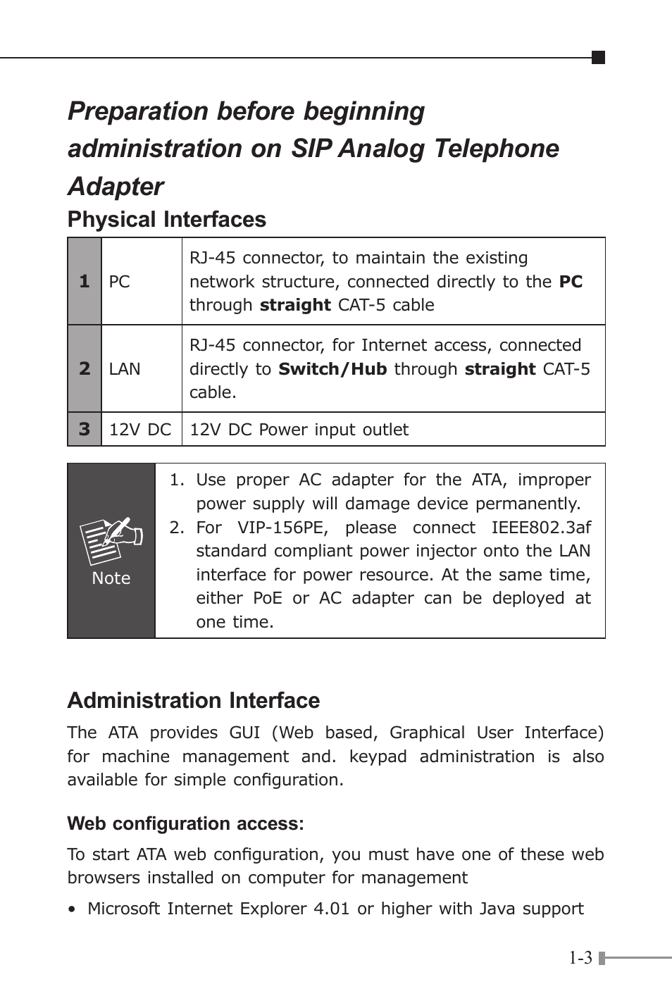 Physical interfaces, Administration interface | PLANET VIP-156 User Manual | Page 5 / 68