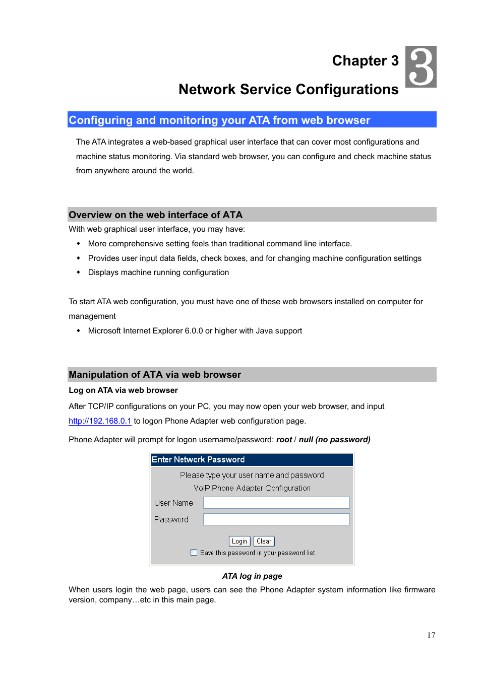 Chapter 3 network service configurations, Overview on the web interface of ata, Manipulation of ata via web browser | PLANET VIP-156PE User Manual | Page 17 / 76