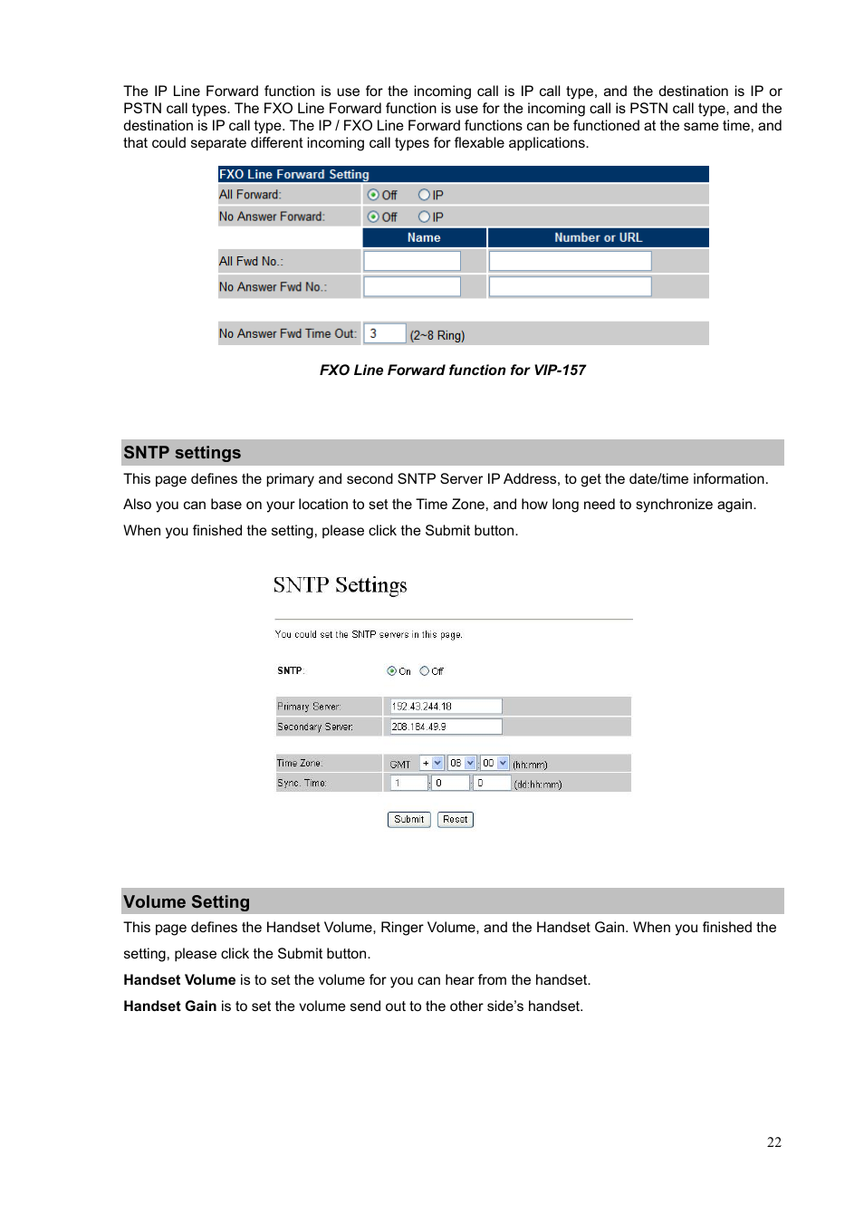 Sntp settings, Volume setting | PLANET VIP-156PE User Manual | Page 22 / 76