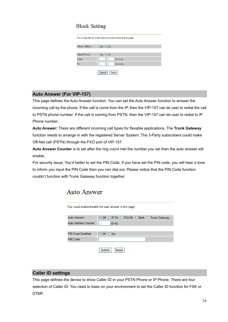 Auto answer (for vip-157), Caller id settings | PLANET VIP-156PE User Manual | Page 24 / 76