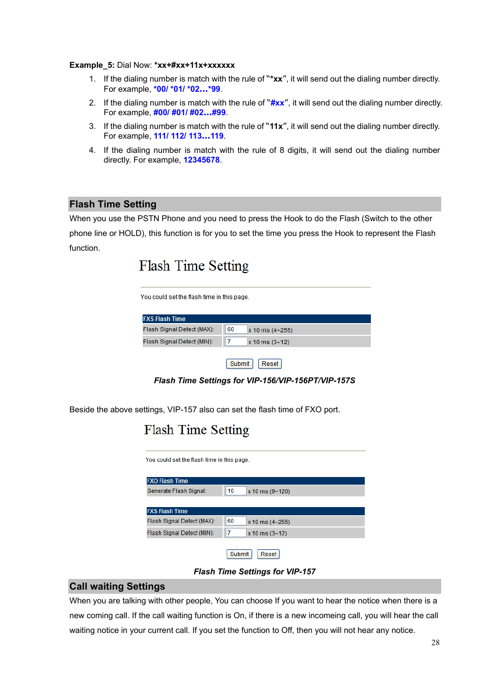 Flash time setting, Call waiting settings | PLANET VIP-156PE User Manual | Page 28 / 76