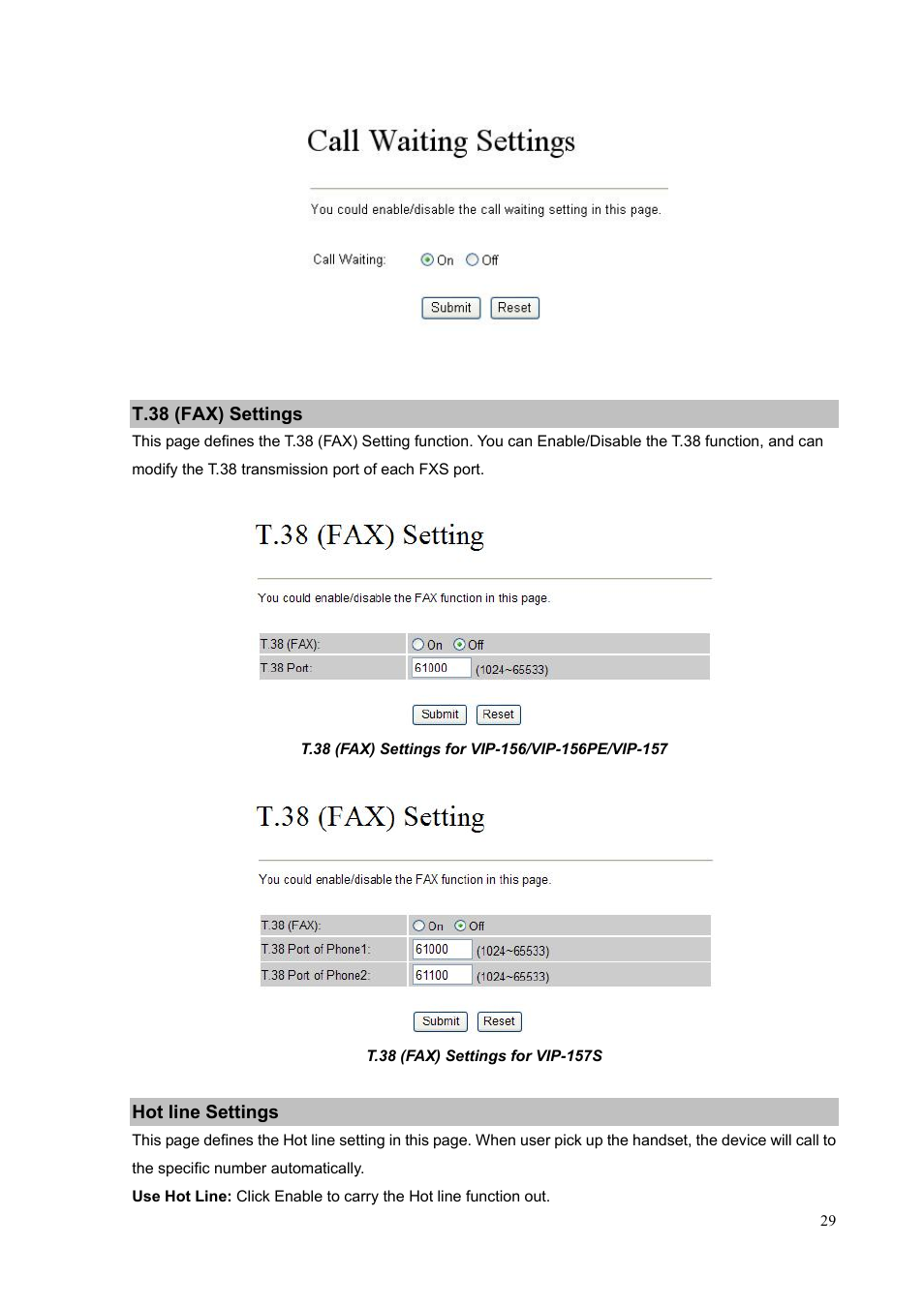 T.38 (fax) settings, Hot line settings | PLANET VIP-156PE User Manual | Page 29 / 76