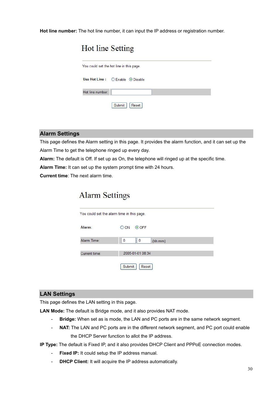 Alarm settings, Lan settings | PLANET VIP-156PE User Manual | Page 30 / 76
