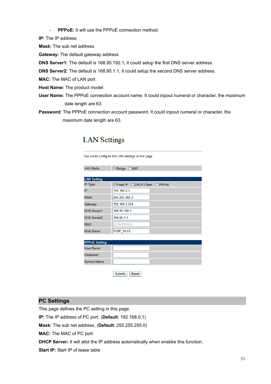 Pc settings | PLANET VIP-156PE User Manual | Page 31 / 76