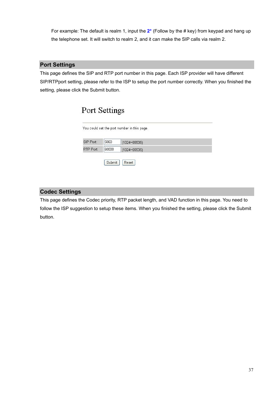Port settings, Codec settings | PLANET VIP-156PE User Manual | Page 37 / 76