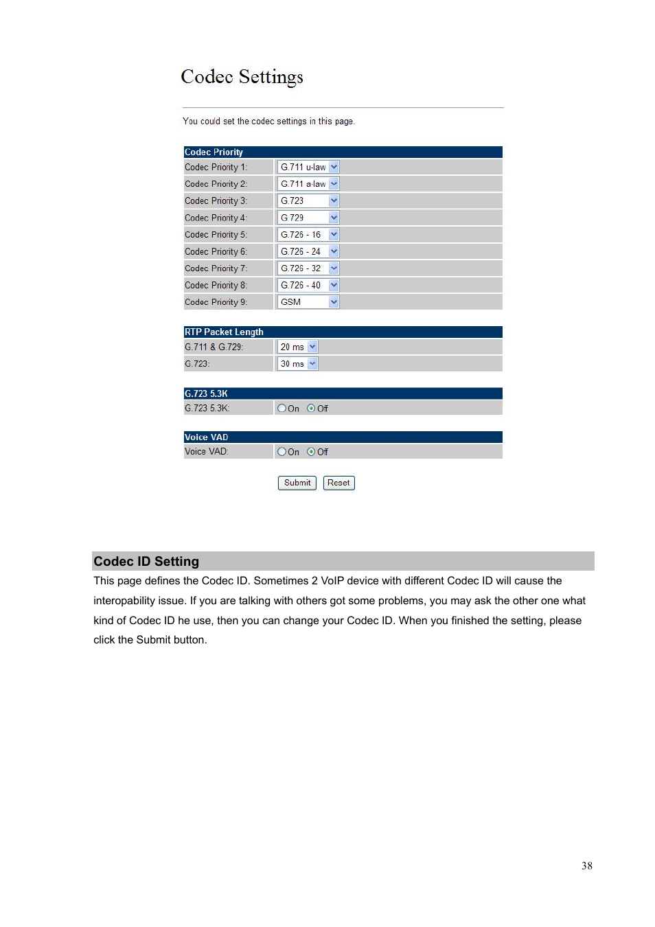 Codec id setting | PLANET VIP-156PE User Manual | Page 38 / 76