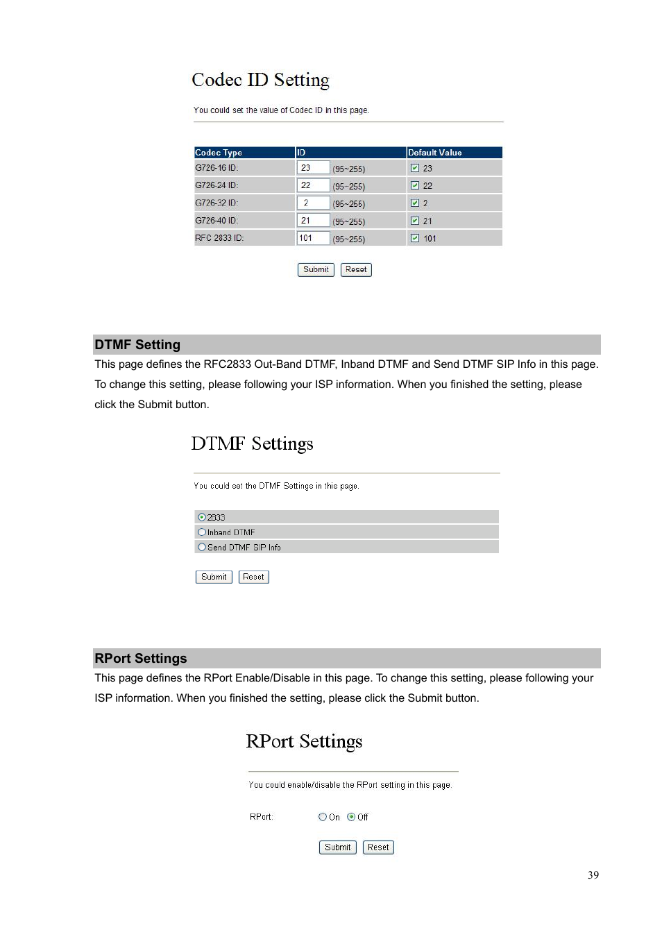 Dtmf setting, Rport settings | PLANET VIP-156PE User Manual | Page 39 / 76