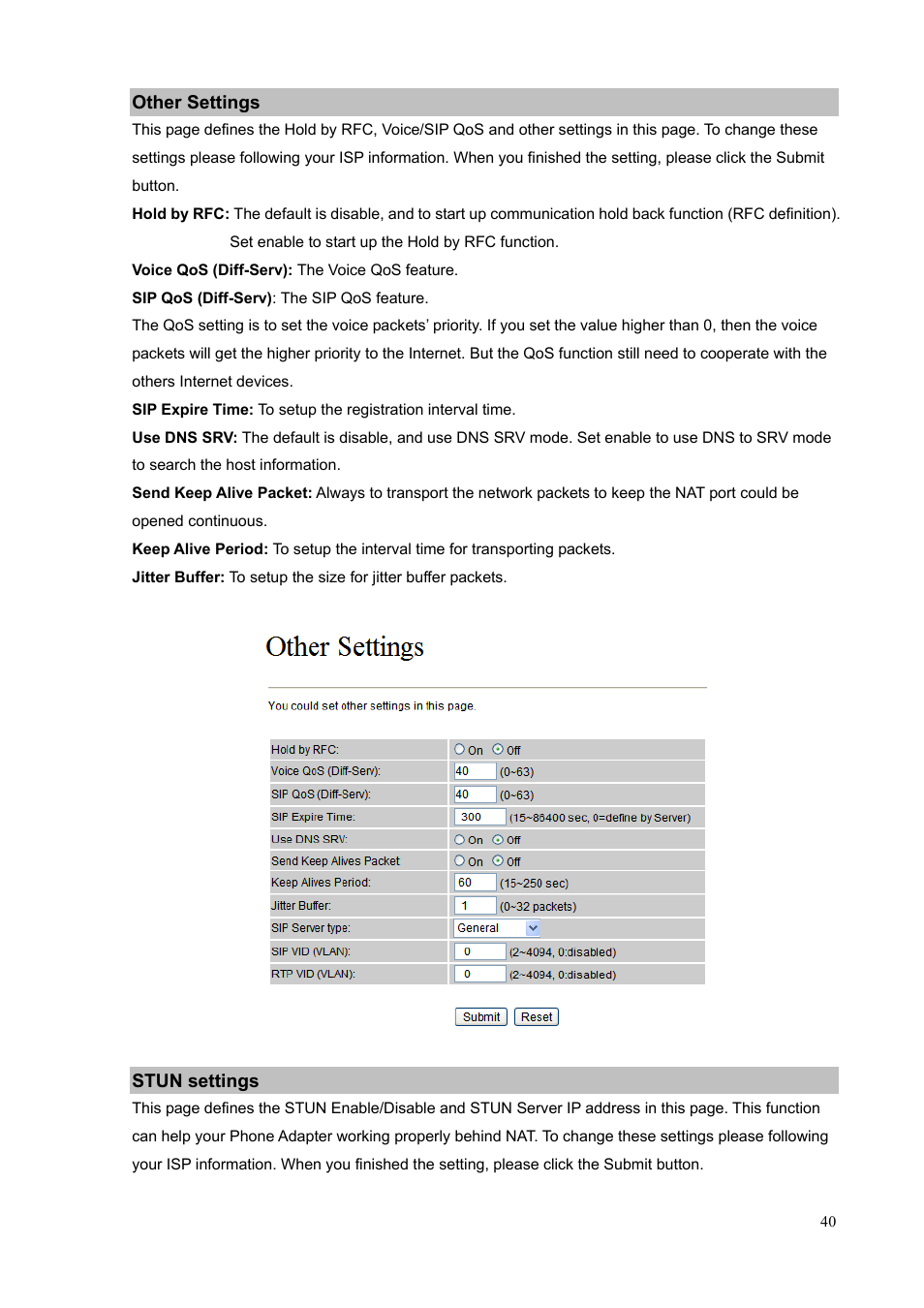 Other settings, Stun settings | PLANET VIP-156PE User Manual | Page 40 / 76