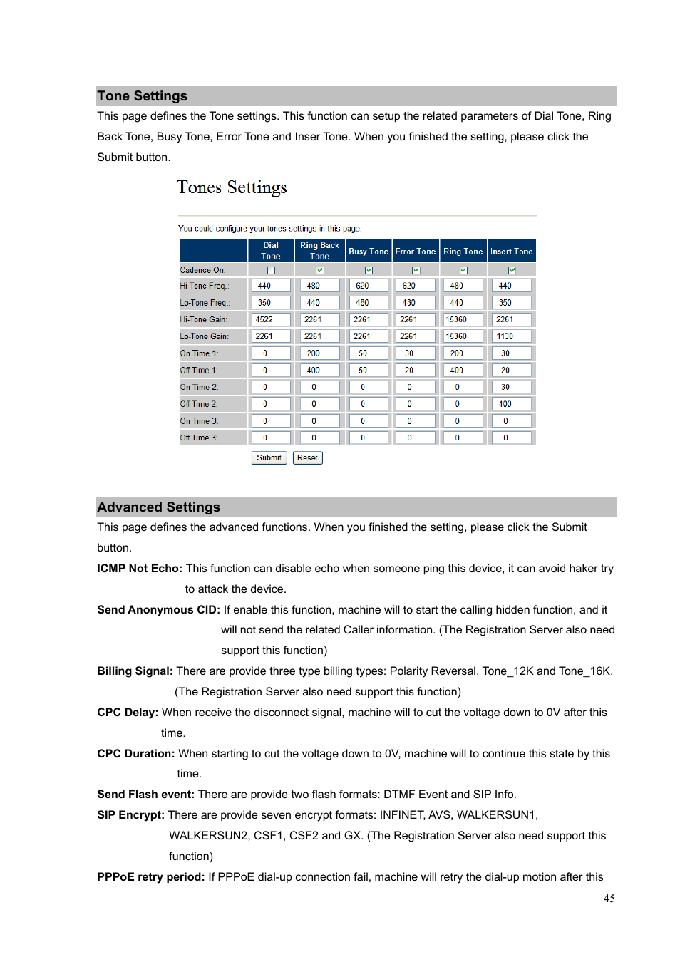 Tone settings, Advanced settings | PLANET VIP-156PE User Manual | Page 45 / 76