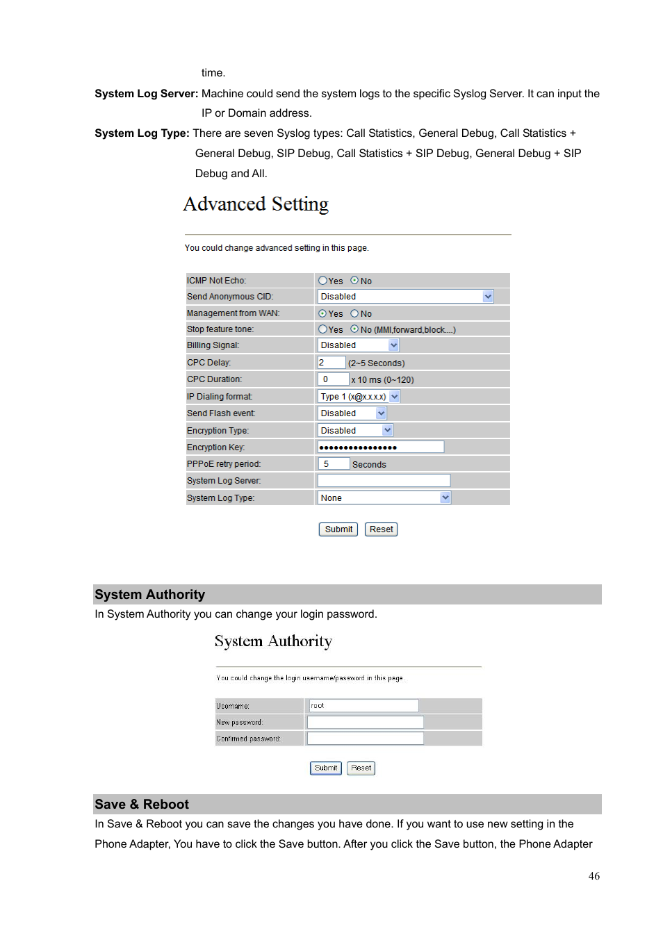 System authority, Save & reboot | PLANET VIP-156PE User Manual | Page 46 / 76