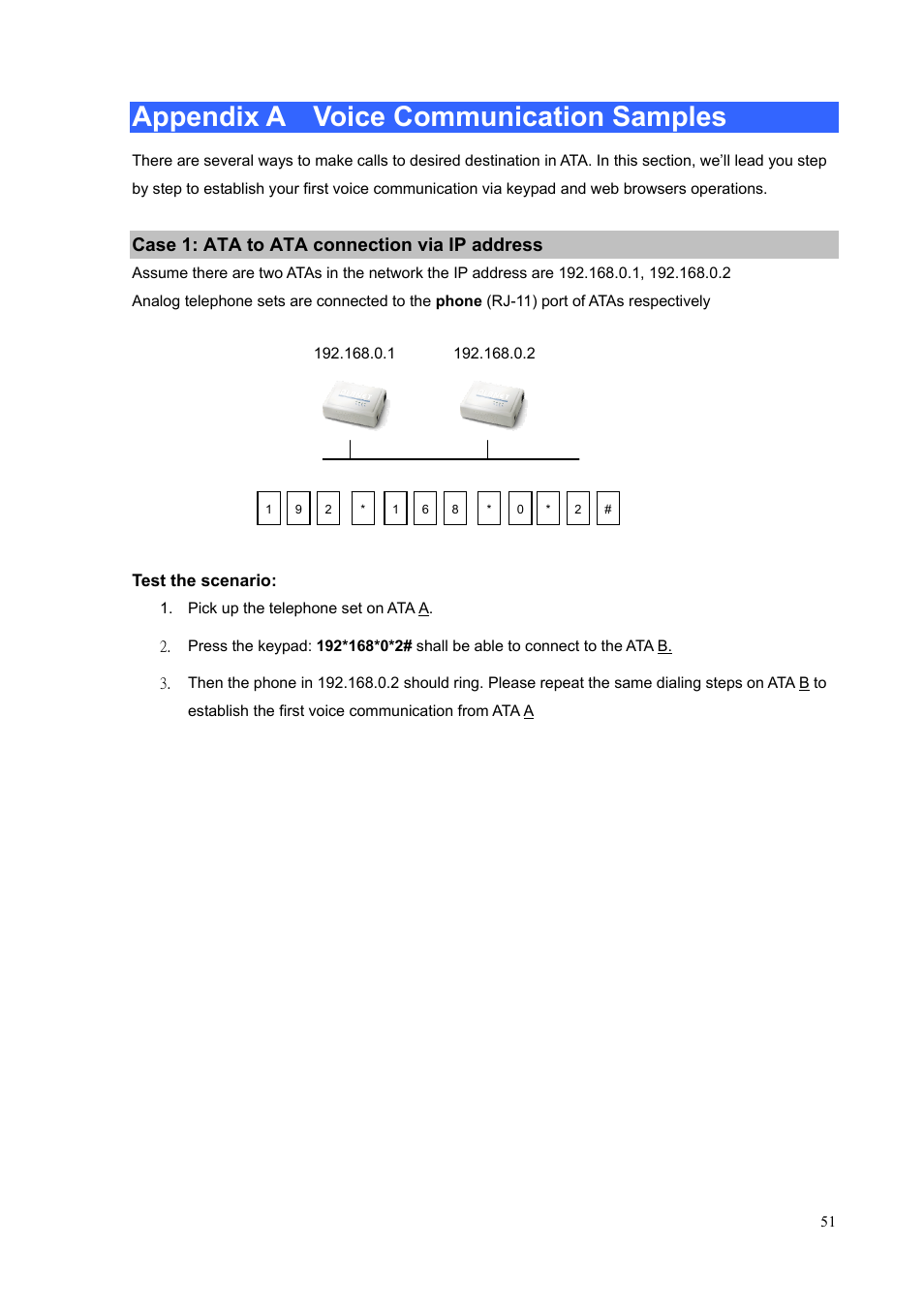 Appendix a voice communication samples, Case 1: ata to ata connection via ip address | PLANET VIP-156PE User Manual | Page 51 / 76