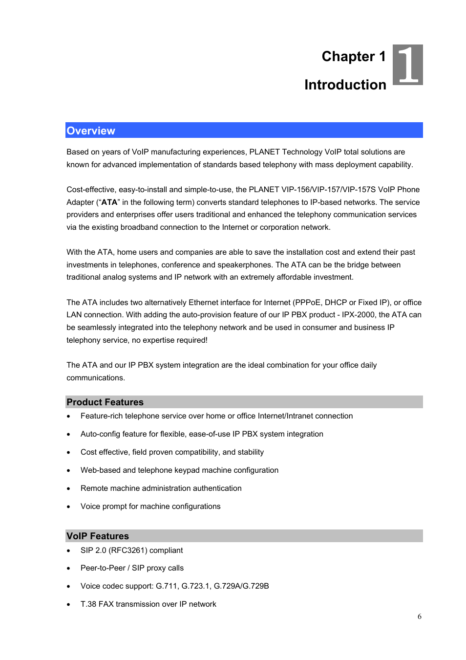 Chapter 1 introduction, Overview, Chapter 1 | Introduction | PLANET VIP-156PE User Manual | Page 6 / 76
