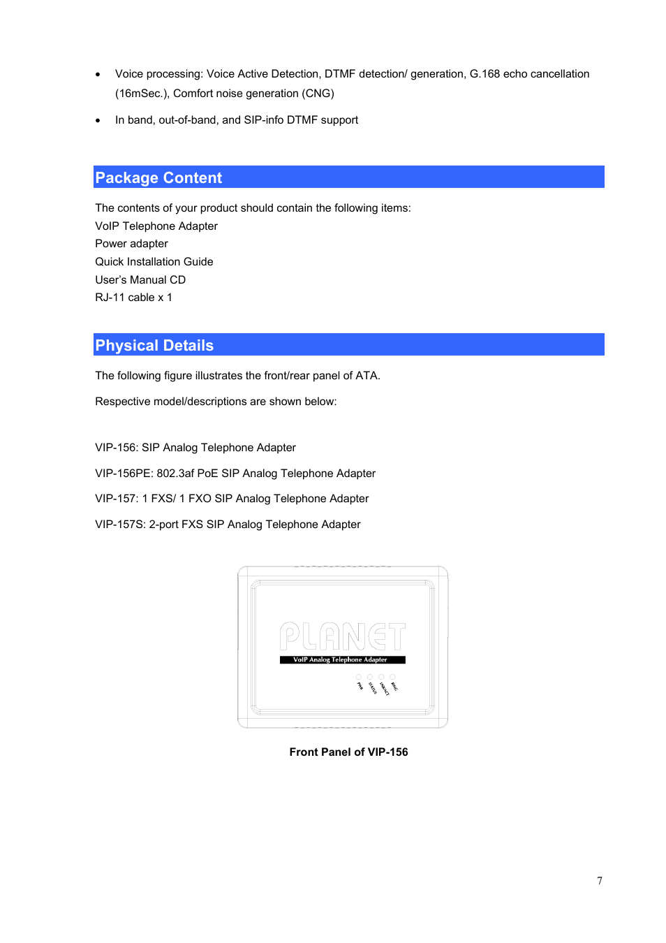 Package content, Physical details | PLANET VIP-156PE User Manual | Page 7 / 76