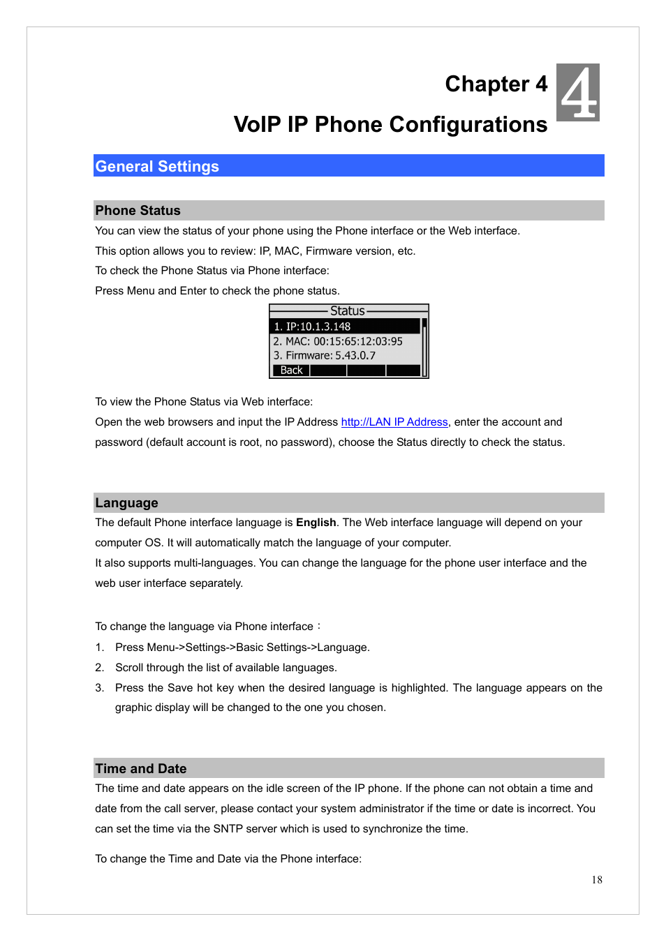 Chapter 4 voip ip phone configurations, General settings, Phone status | Language, Time and date, Phone status language time and date | PLANET VIP-255PT User Manual | Page 18 / 53