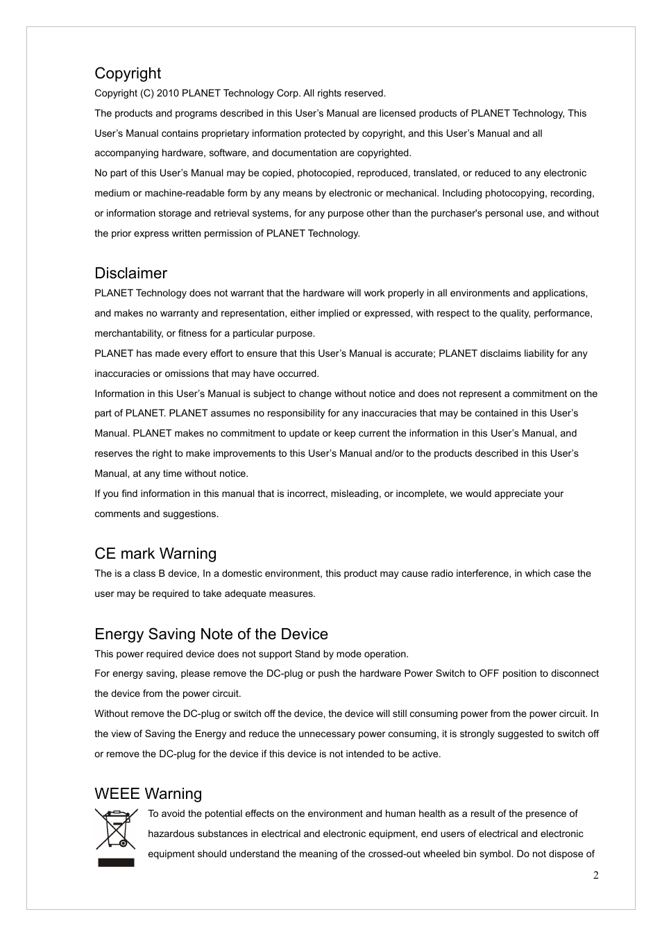 Copyright, Disclaimer, Ce mark warning | Weee warning | PLANET VIP-255PT User Manual | Page 2 / 53