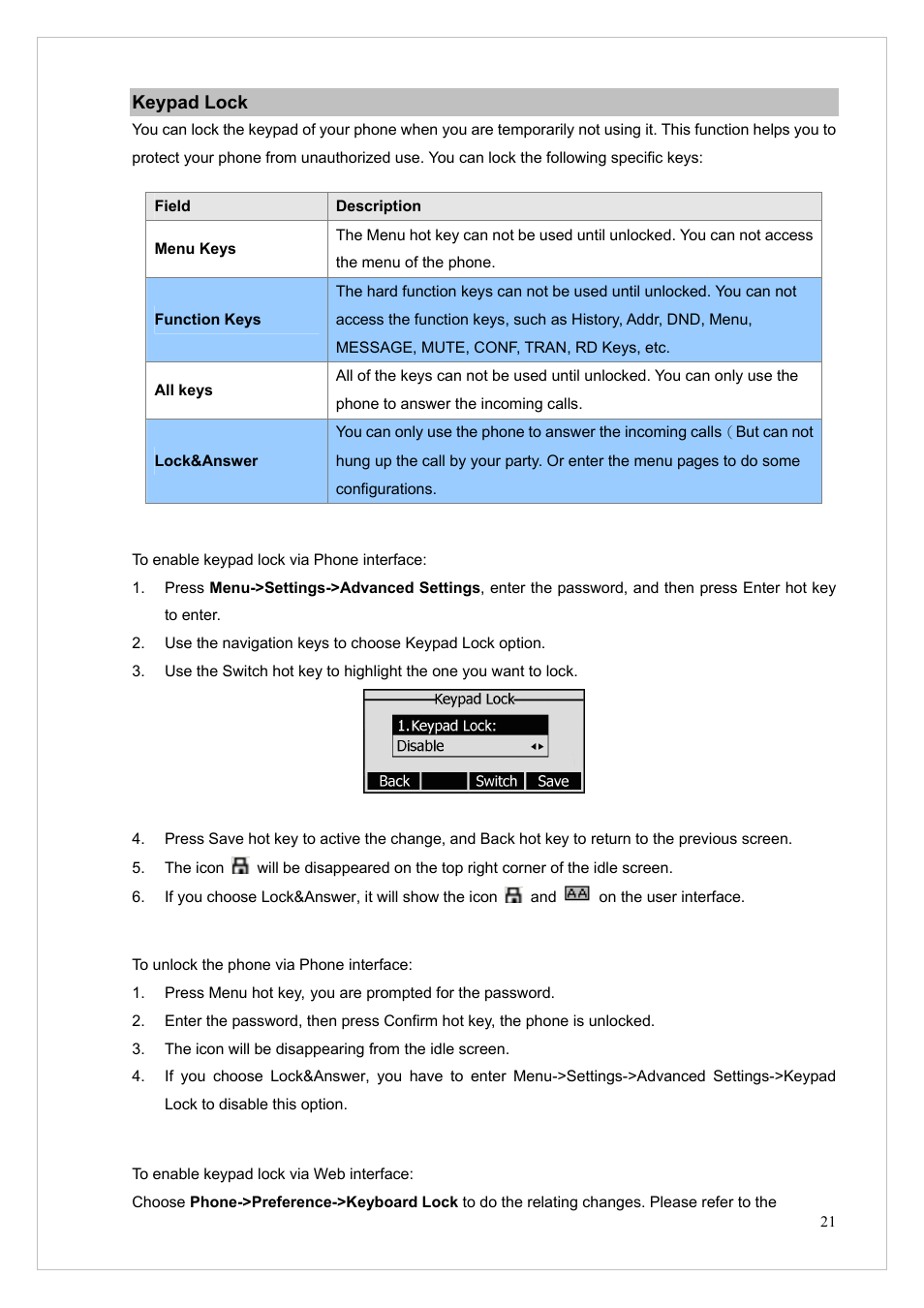 Keypad lock | PLANET VIP-255PT User Manual | Page 21 / 53