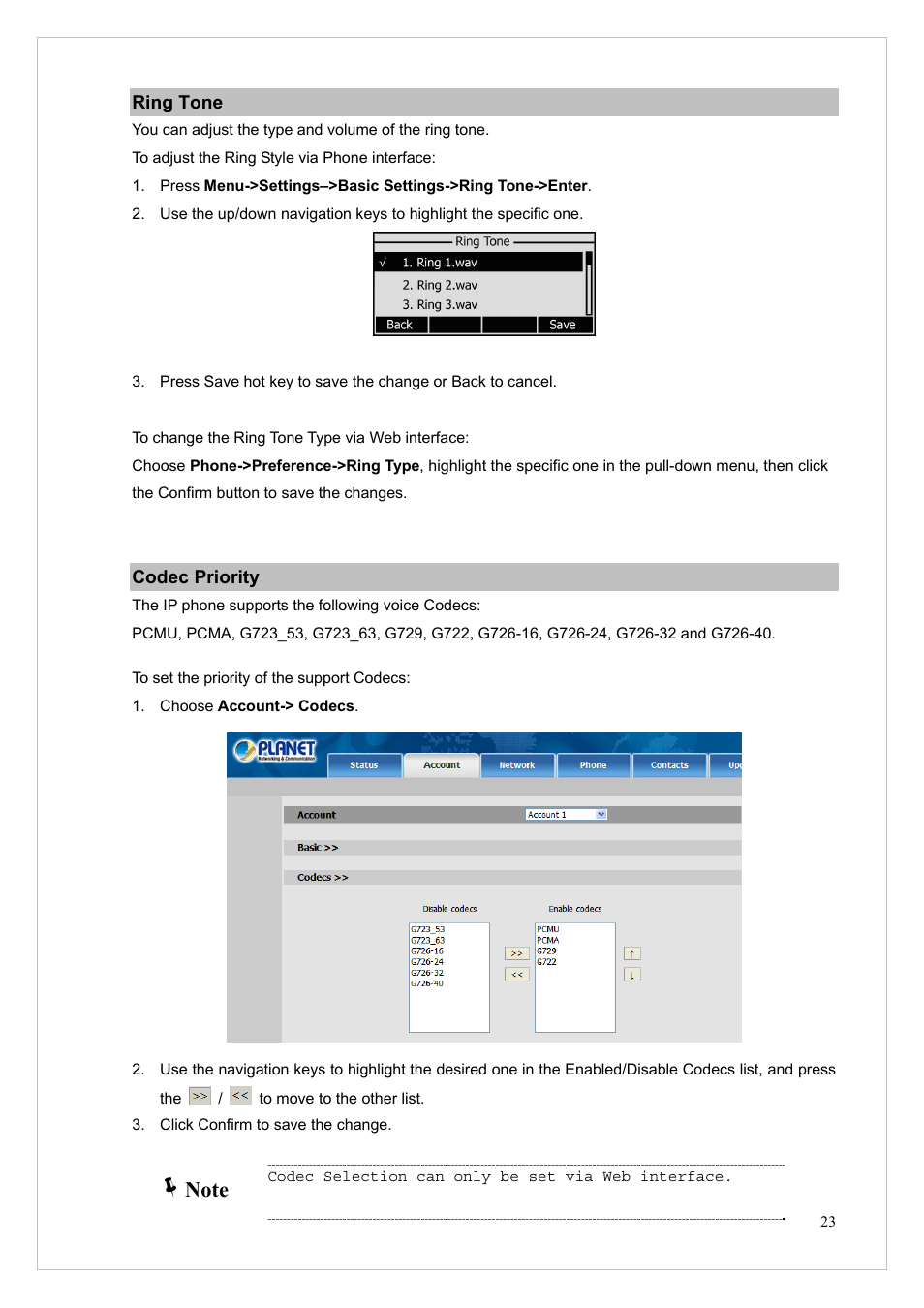 Ring tone, Codec priority, Ring tone codec priority | PLANET VIP-255PT User Manual | Page 23 / 53