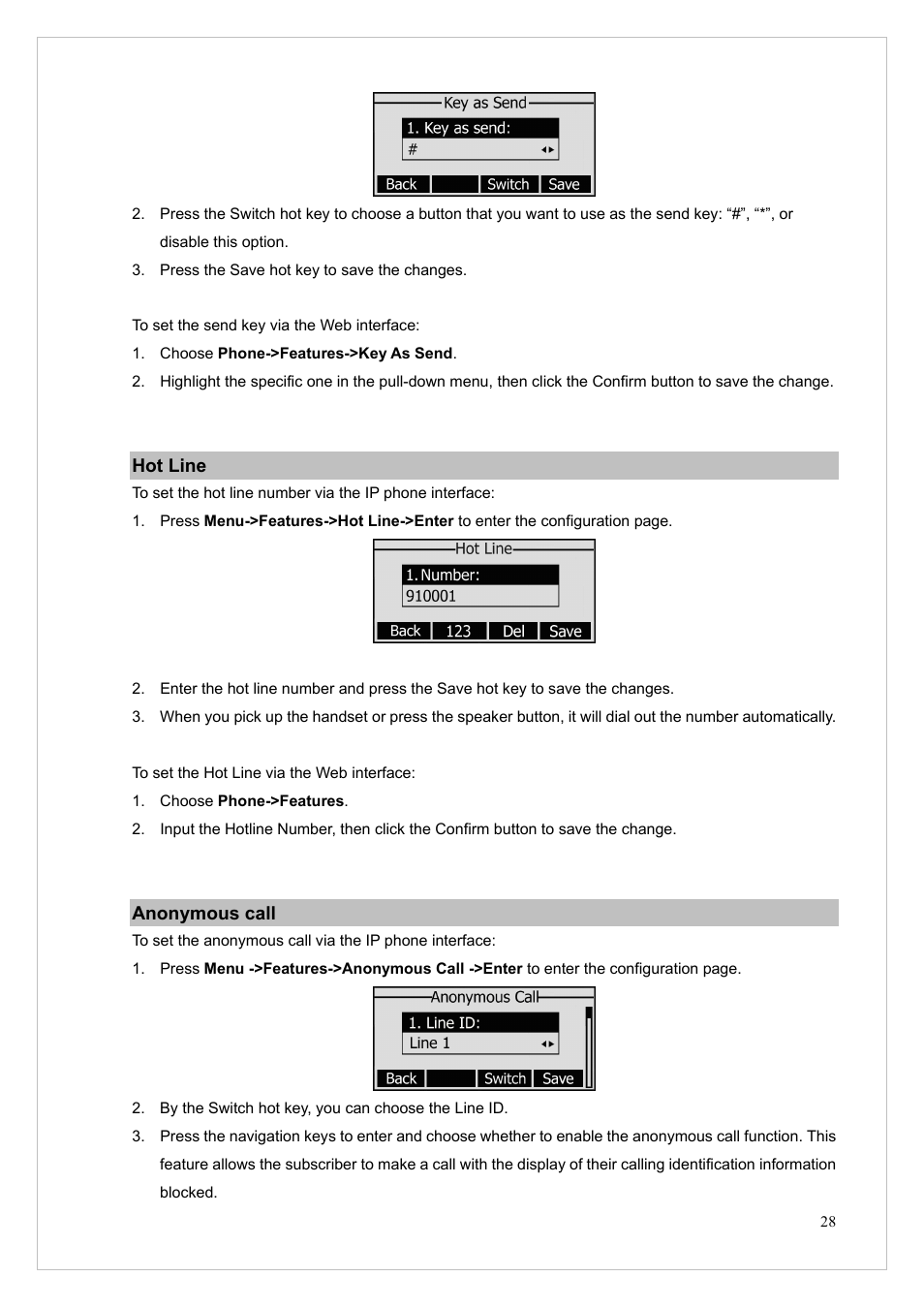 Hot line, Anonymous call, Hot line anonymous call | PLANET VIP-255PT User Manual | Page 28 / 53