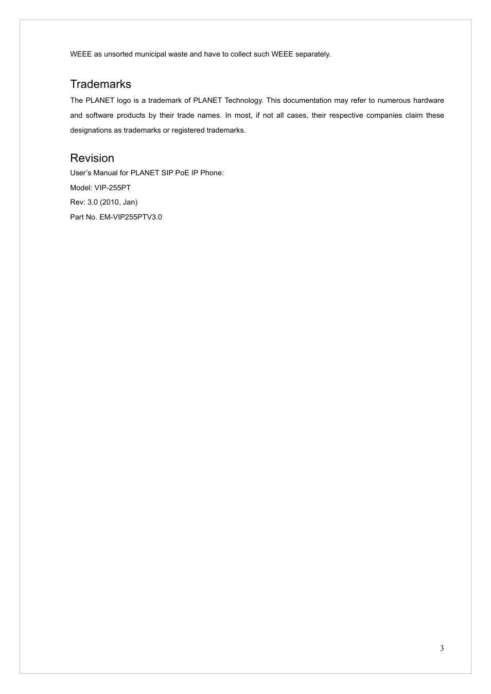 Trademarks, Revision | PLANET VIP-255PT User Manual | Page 3 / 53