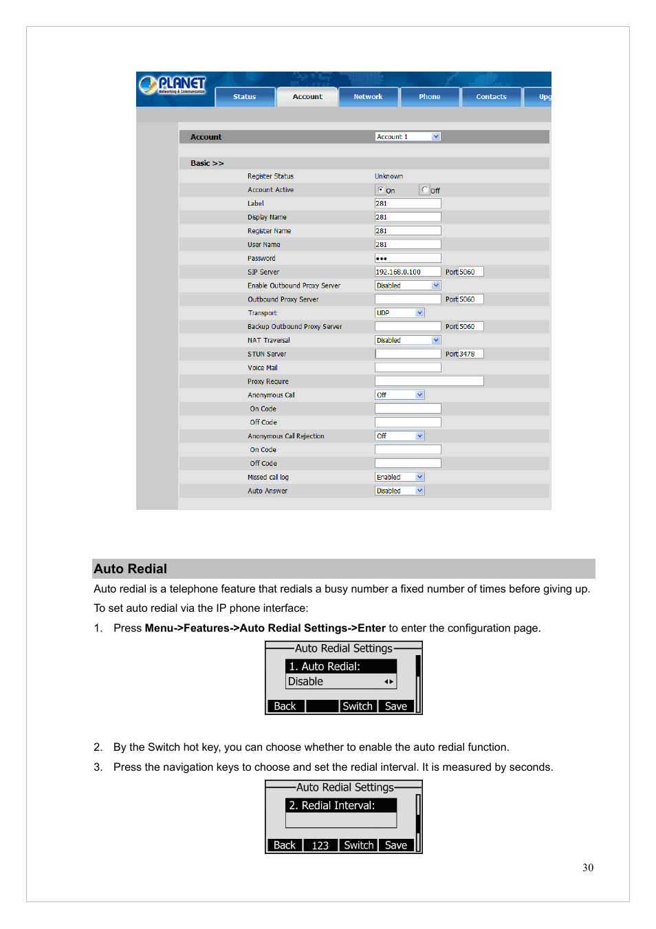 Auto redial | PLANET VIP-255PT User Manual | Page 30 / 53