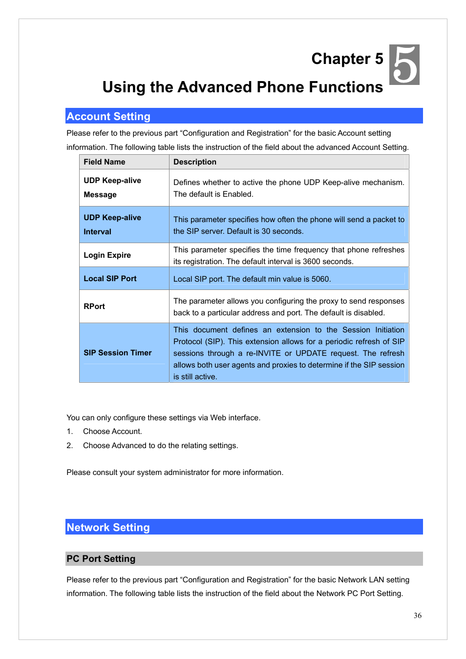 Chapter 5 using the advanced phone functions, Account setting, Network setting | Pc port setting, Account setting network setting | PLANET VIP-255PT User Manual | Page 36 / 53