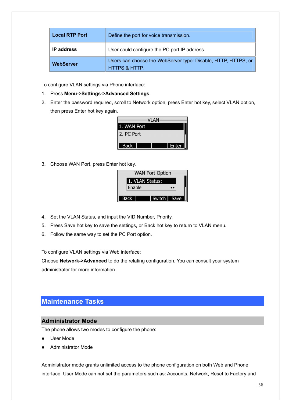 Maintenance tasks, Administrator mode | PLANET VIP-255PT User Manual | Page 38 / 53