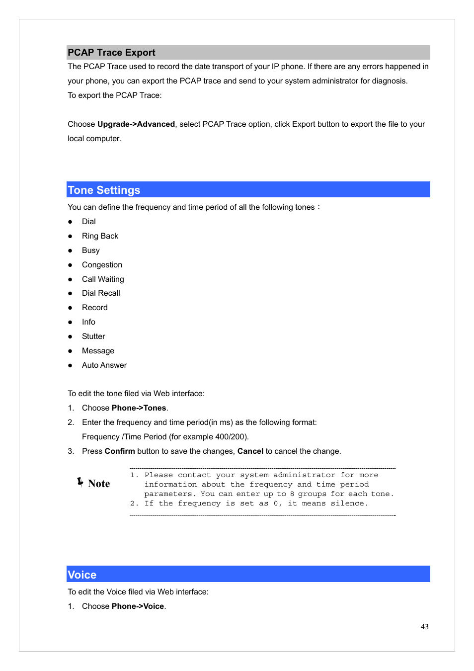 Pcap trace export, Tone settings, Voice | Tone settings voice | PLANET VIP-255PT User Manual | Page 43 / 53