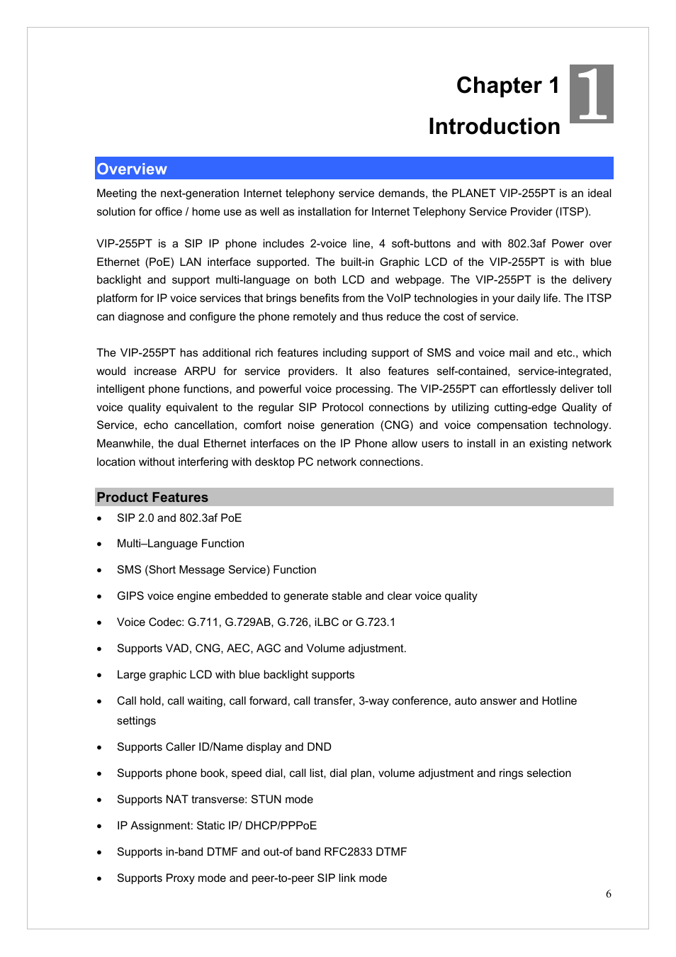 Chapter 1 introduction, Overview | PLANET VIP-255PT User Manual | Page 6 / 53