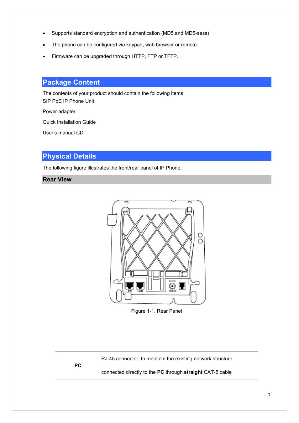 Package content, Physical details, Rear view | Package content physical details | PLANET VIP-255PT User Manual | Page 7 / 53