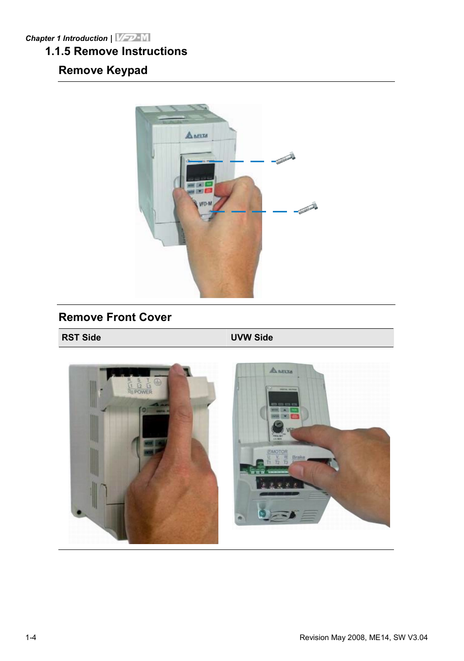 5 remove instructions, 5 remove instructions -4, Remove keypad -4 | Remove front cover -4, 5 remove instructions remove keypad, Remove front cover | Delta Electronics VFD-M User Manual | Page 13 / 173