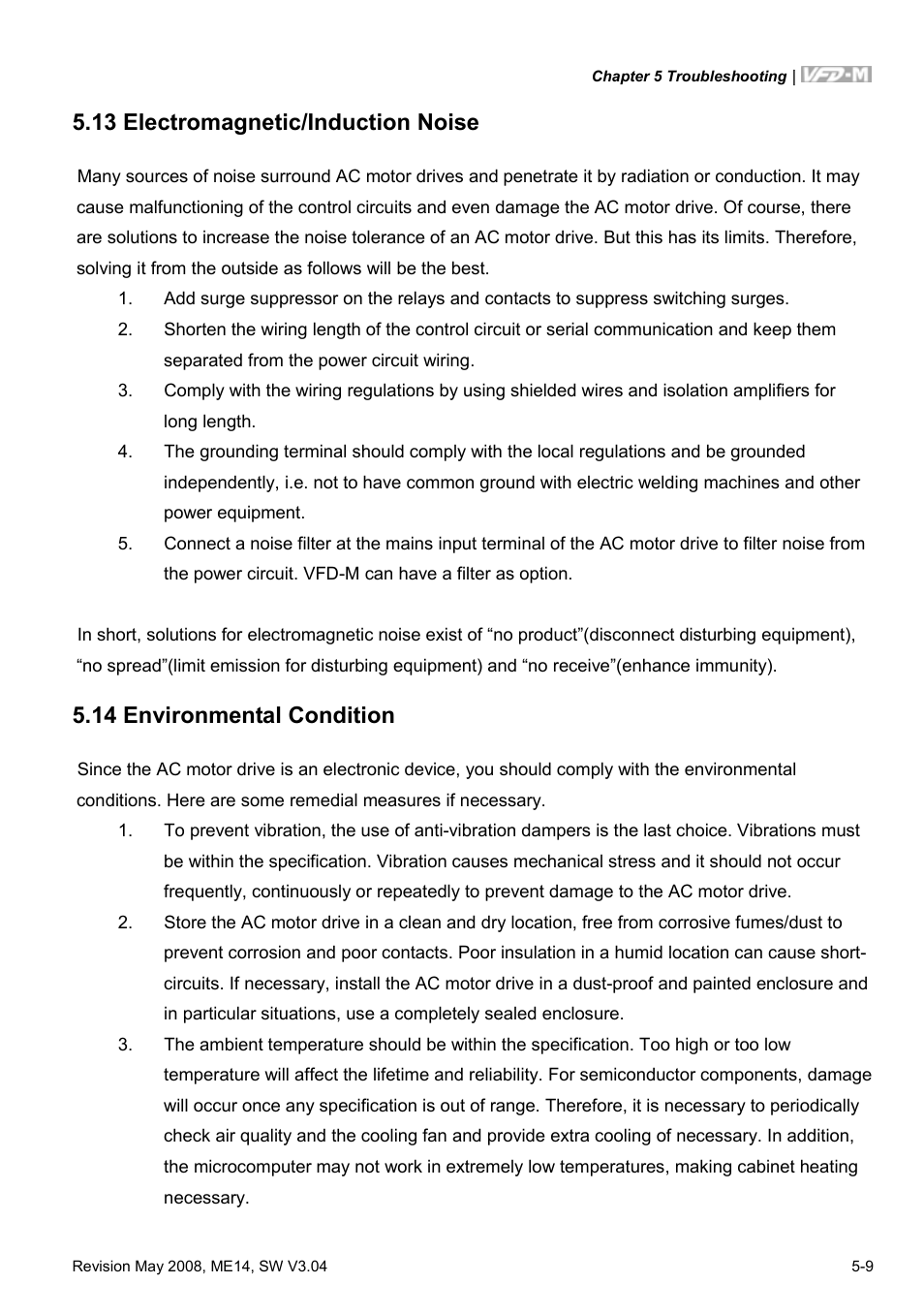 13 electromagnetic/induction noise, 14 environmental condition, 13 electromagnetic/induction noise -9 | 14 environmental condition -9 | Delta Electronics VFD-M User Manual | Page 130 / 173