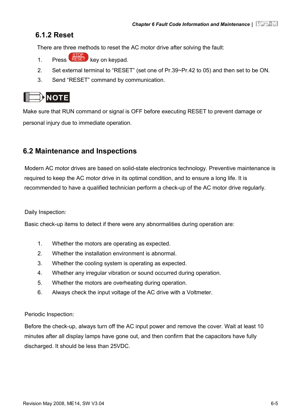 2 reset, 2 maintenance and inspections, 2 reset -5 | 2 maintenance and inspections -5 | Delta Electronics VFD-M User Manual | Page 136 / 173
