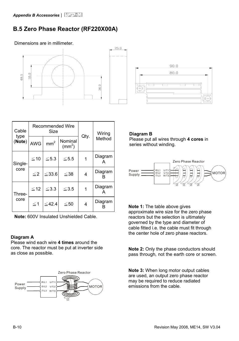B.5 zero phase reactor (rf220x00a) | Delta Electronics VFD-M User Manual | Page 155 / 173