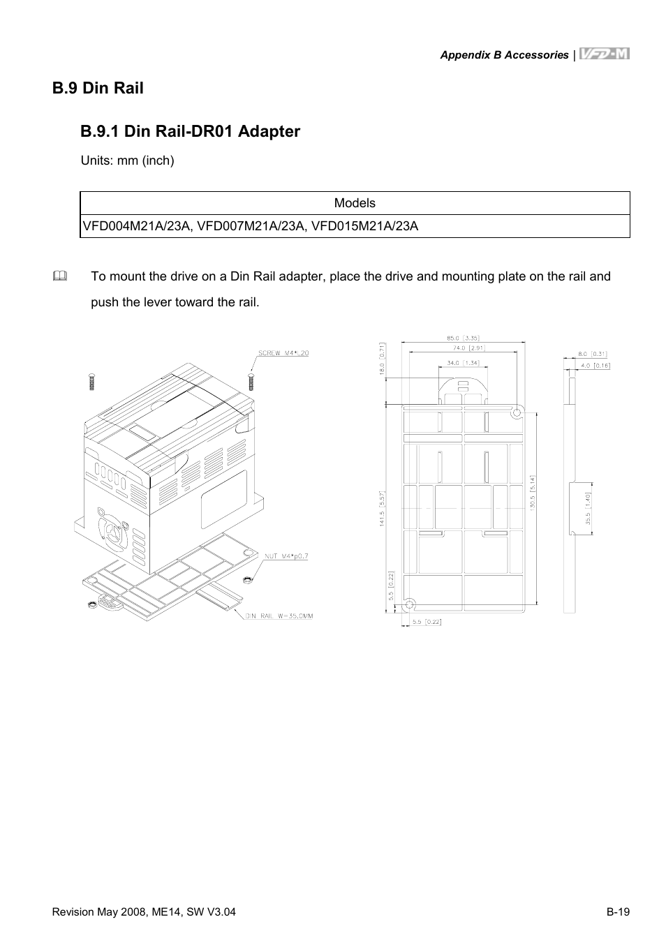 B.9 din rail, B.9.1 din rail-dr01 adapter | Delta Electronics VFD-M User Manual | Page 164 / 173