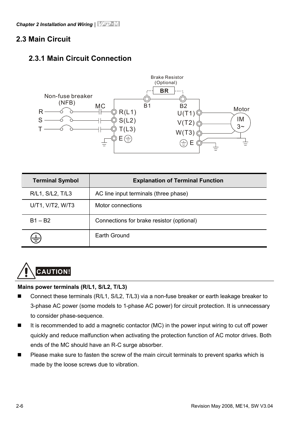 3 main circuit, 1 main circuit connection, 3 main circuit -6 | 1 main circuit connection -6, 3 main circuit 2.3.1 main circuit connection | Delta Electronics VFD-M User Manual | Page 23 / 173