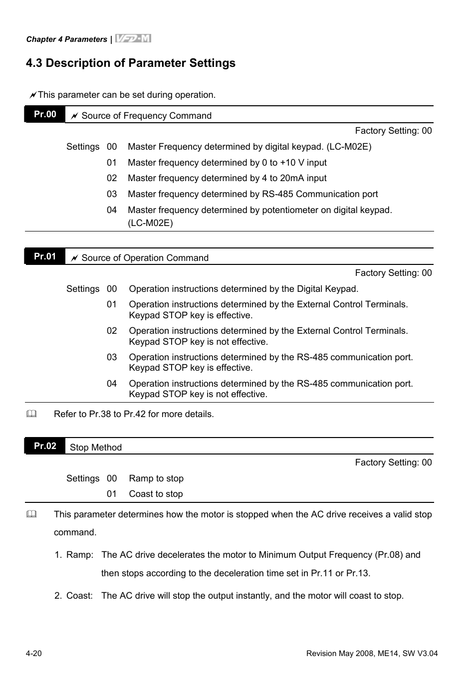 3 description of parameter settings, 3 description of parameter settings -20 | Delta Electronics VFD-M User Manual | Page 55 / 173