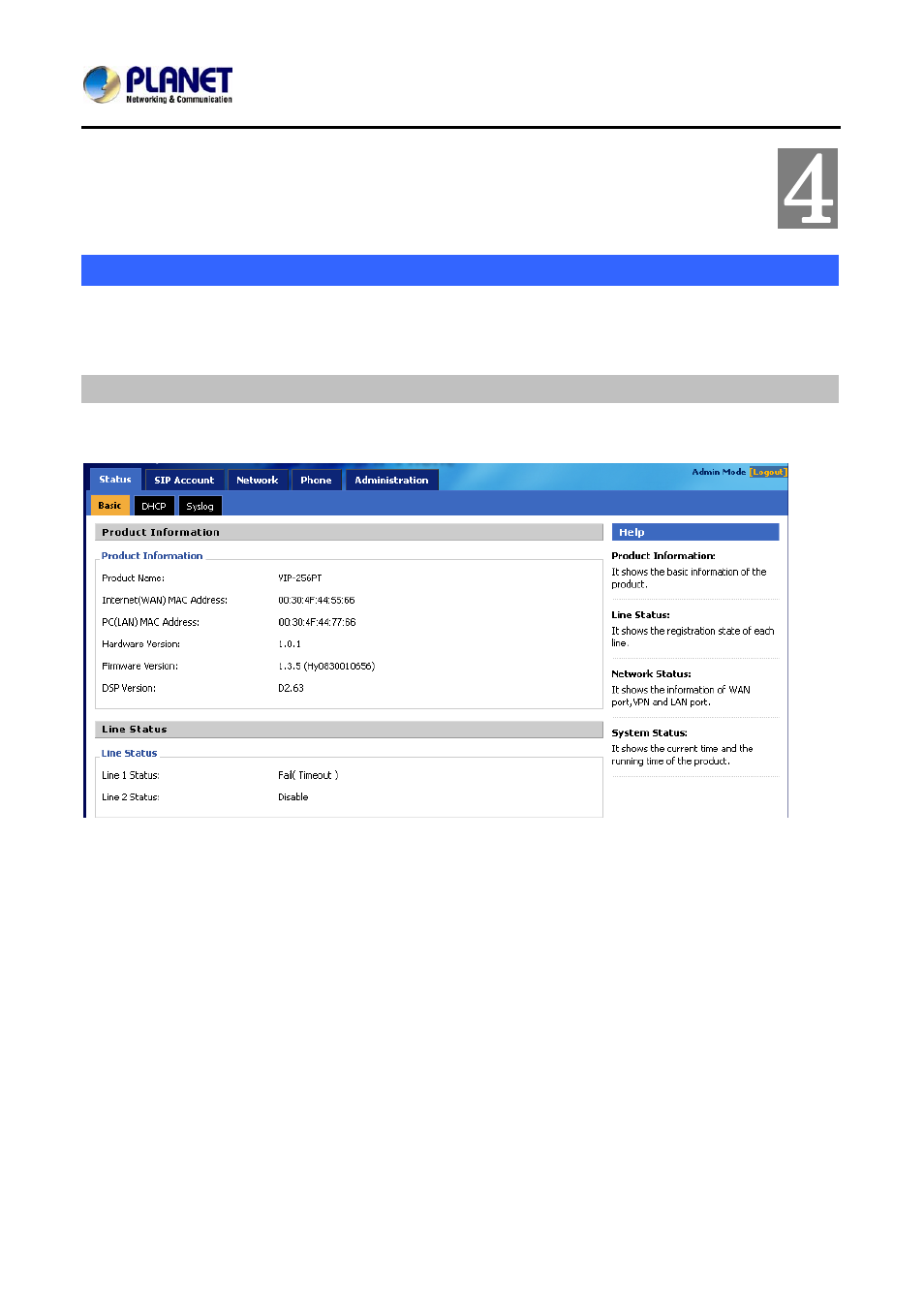 Chapter 4 voip ip phone status, Status, Basic | PLANET VIP-256PT User Manual | Page 20 / 64