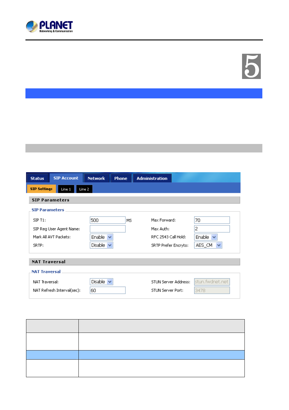 Chapter 5 sip account setting, Sip account, Sip setting | Sip account setting, Chapter 5 | PLANET VIP-256PT User Manual | Page 23 / 64