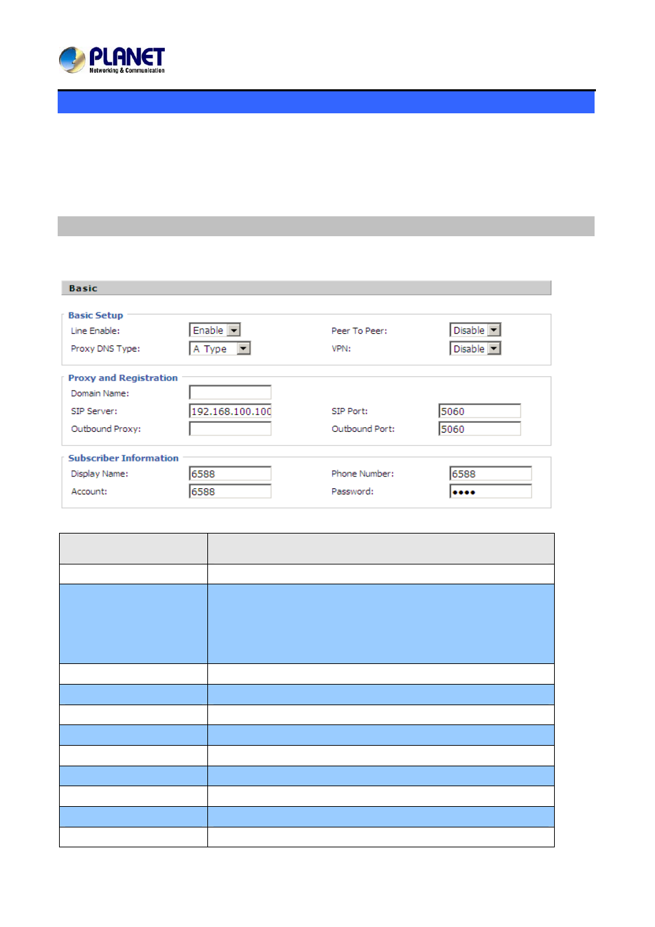 Line settings, Basic | PLANET VIP-256PT User Manual | Page 25 / 64