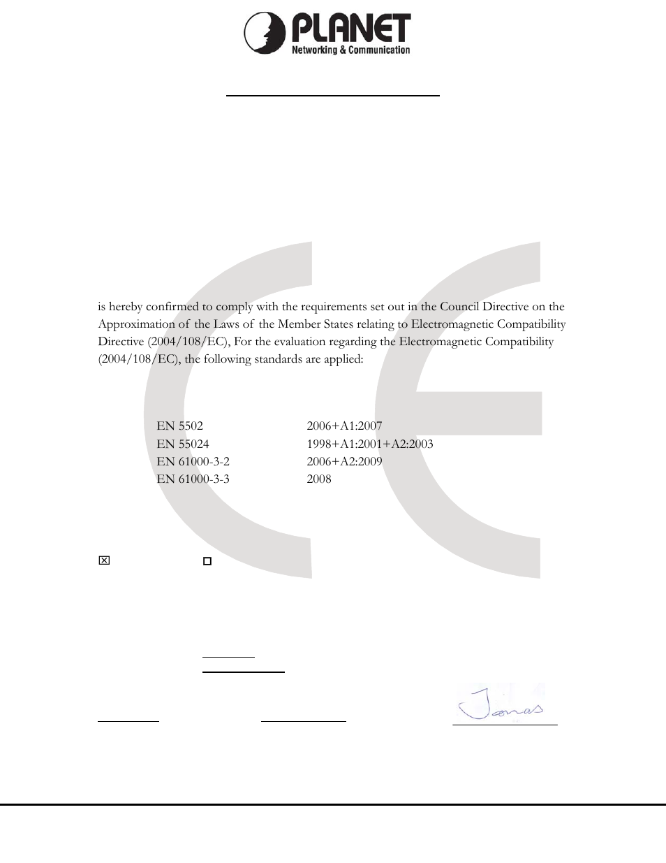 Planet technology corporation, Ec declaration of conformity | PLANET VIP-256PT User Manual | Page 64 / 64