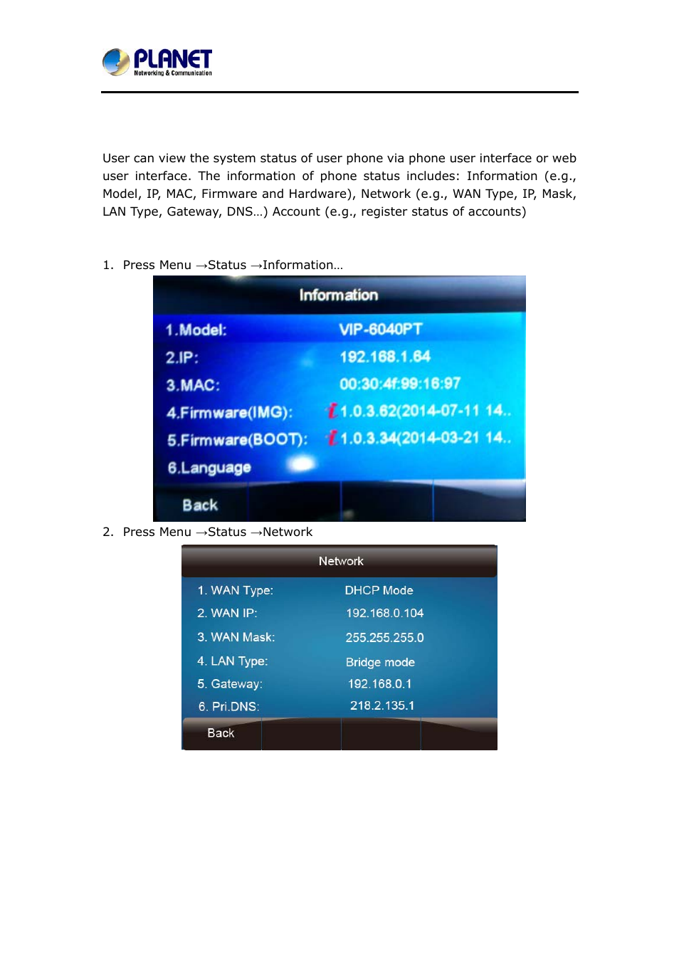 2 status, Tatus | PLANET VIP-6040PT User Manual | Page 29 / 126
