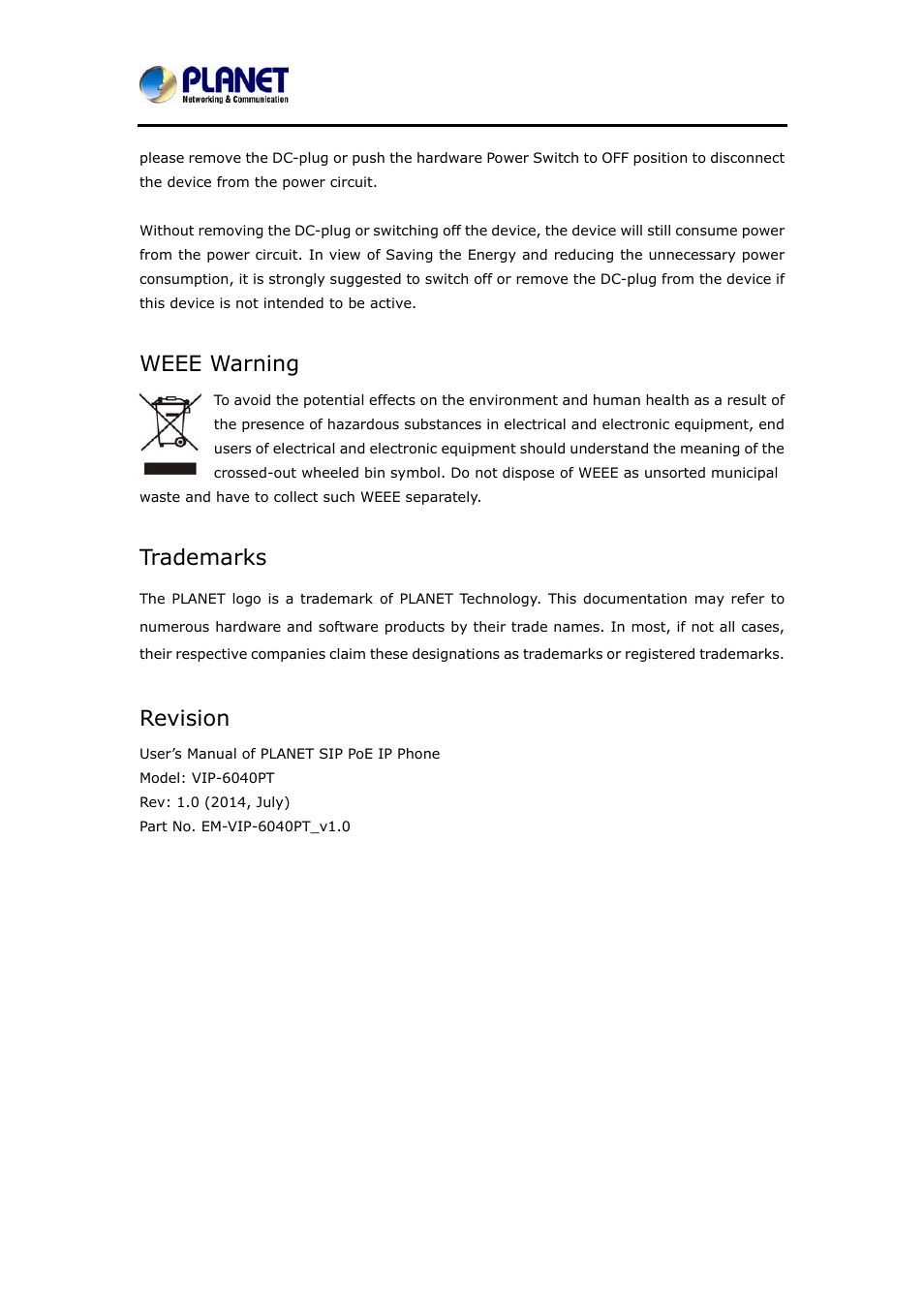 Weee warning, Trademarks, Revision | PLANET VIP-6040PT User Manual | Page 3 / 126