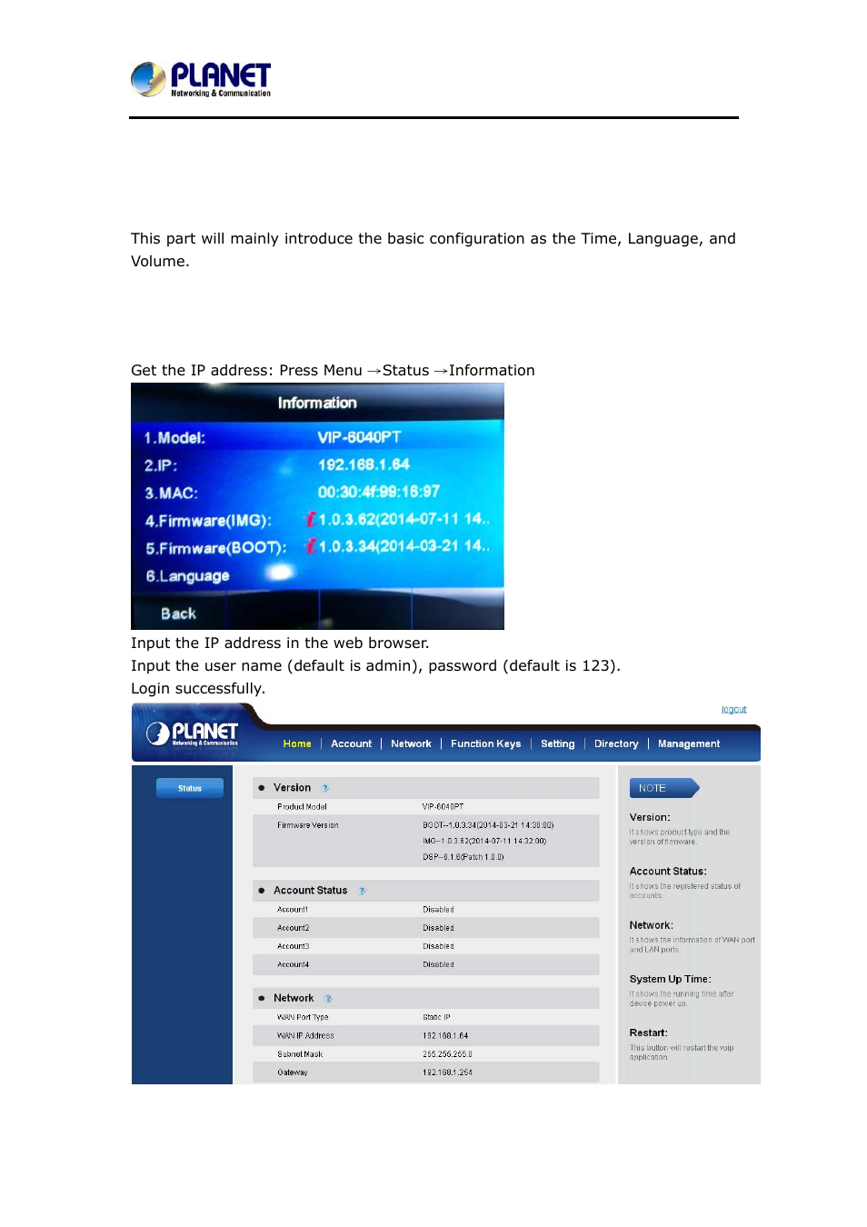 4 basic setting configuration, 1 web login, Basic setting configuration | Ogin | PLANET VIP-6040PT User Manual | Page 38 / 126